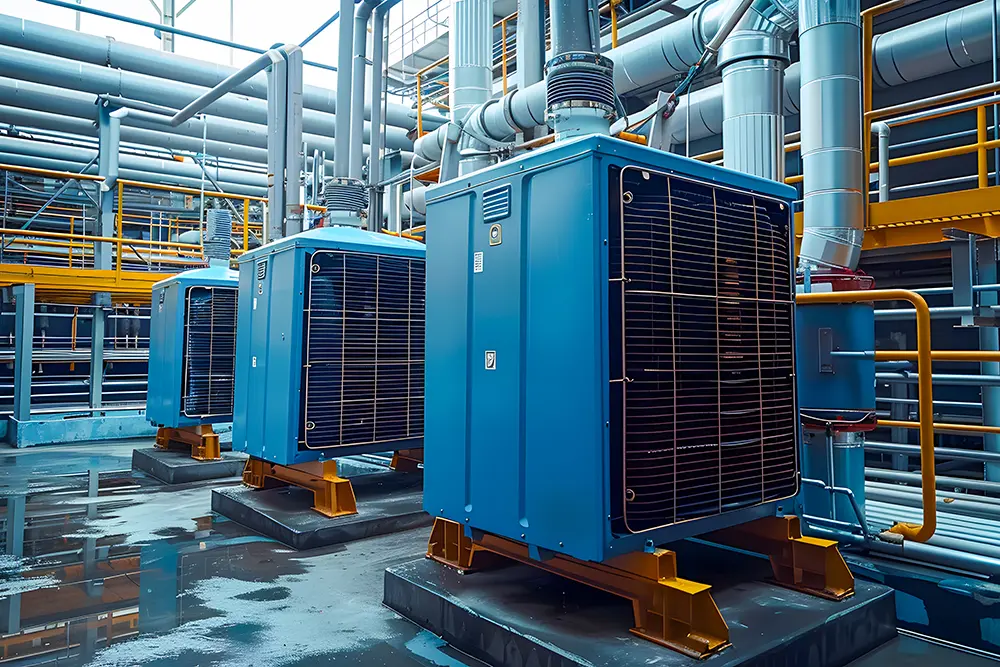 Drei große blaue lüftungsanlagen auf dem Dach eines Industriegebäudes
