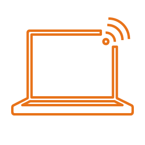 Laptop Icon in orange mit WLAN Symbol rechts oben in der Ecke